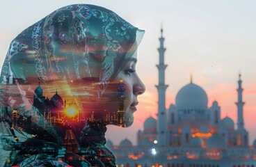 Arab young woman in national clothes double exposure against the background of a mosque. - obrazy, fototapety, plakaty