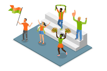 3D Isometric Flat  Illustration of Cheerful Soccer Fans, Sport Game Supporters