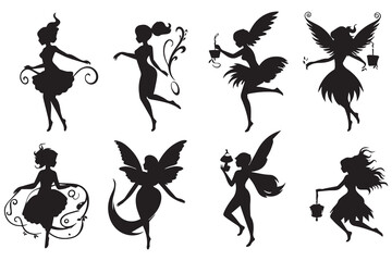 Set of silhouettes Magical fairies in the cartoon style vector