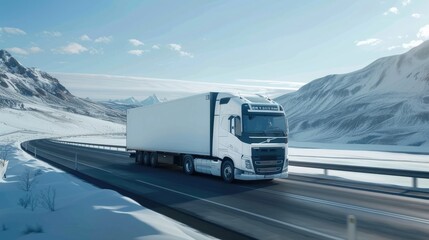 modern large white trailer driving down an empty road. Logistics company. Freight transportation. Fast delivery. Mock up