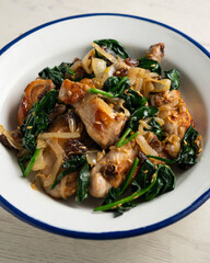 Recipe for fried rabbit with spinach and raisins. Traditional tapa from northern Spain.