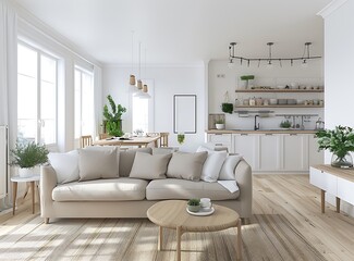 Beautiful Scandinavian style open plan living room interior with white walls