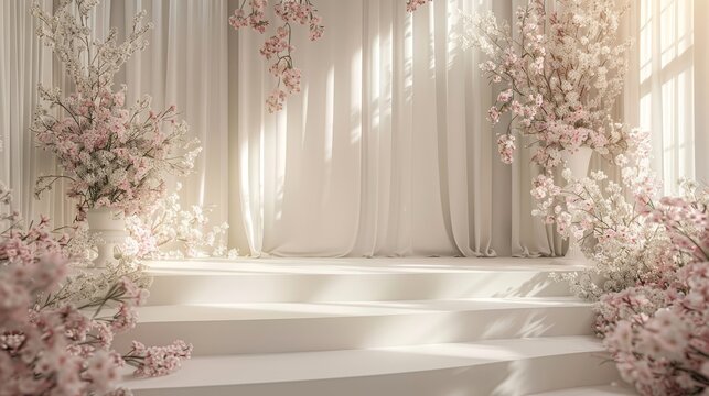 Elegant podium mockup for a bridal wear commercial designed with soft romantic lighting and delicate floral arrangements