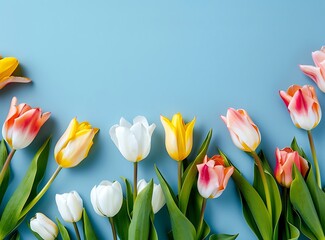Beautiful spring flowers tulips on a pastel blue background with copy space for text