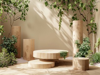 Ecofriendly podium design mockup for a commercial about biodegradable products using recycled materials and natural greenery