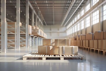 Goods packages lying on storehouse racks, modern storage. AI generative