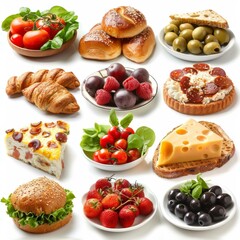 b'Various kinds of food including bread, cheese, fruit and vegetables'