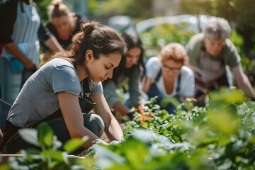 Multicultural volunteers of all ages working together in urban garden community service. Concept Community gardening, Multicultural volunteers, Urban agriculture, Inter-generational collaboration