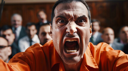 Courtroom drama captured as accused in orange jumpsuit passionately protests innocence  focus on his expressive face  legal professionals around - obrazy, fototapety, plakaty