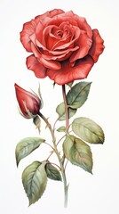 Fototapeta premium b'single red rose flower with stem and leaves'