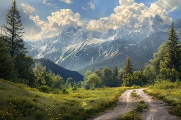 Beautiful empty country road to mountains. AI generative