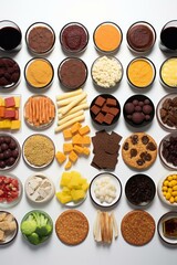 b'A variety of food items are arranged in a grid pattern on a white background. There are both sweet and savory foods, including fruits, vegetables, crackers, and cookies.'