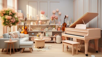 b'A beautiful living room with a pink piano'