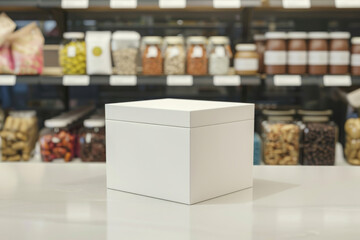 Square white box mockup on store shelf with food jars