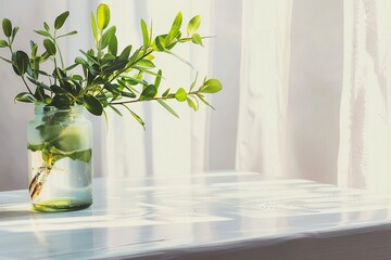 Morning spring still life, plants ruscus branches in a jar of water. generative ai.
