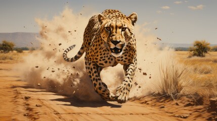 A dynamic and energetic painting of a cheetah in full sprint, capturing its speed and agility, AI Generative - obrazy, fototapety, plakaty