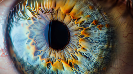 An ultra-close-up of a human eye, showcasing a deep blue iris with intricate patterns, surrounded by delicate eyelashes against sun-kissed skin. - obrazy, fototapety, plakaty