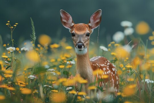 b'An adorable baby deer standing in a field of yellow wildflowers'