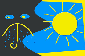 cartoon graphic of a happy sunny day or sad rainy day. yellow and blue colored artwork on a horizontal black background.