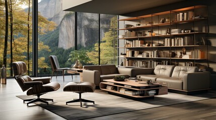 b'Modern living room interior with large windows and mountain views'
