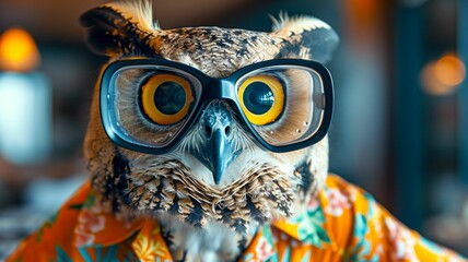 Owl Wearing snorkel masks and flippers, ready for a dive. dressed in a Hawaiian shirt, on the beach
