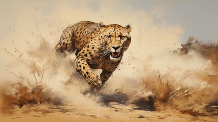 A photo dynamic and energetic painting of a cheetah in full sprint, capturing its speed and agility, AI Generative - obrazy, fototapety, plakaty