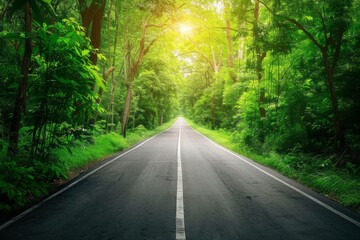 Beautiful empty asphalt road in a green forest. AI generative