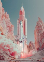 b'Space Shuttle Atlantis launching from Kennedy Space Center' - obrazy, fototapety, plakaty