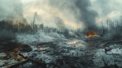 b'Post-apocalyptic landscape with dead trees and smoke' - obrazy, fototapety, plakaty