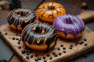 Halloween donuts close-up - orange, black, purple color glaze. AI generative