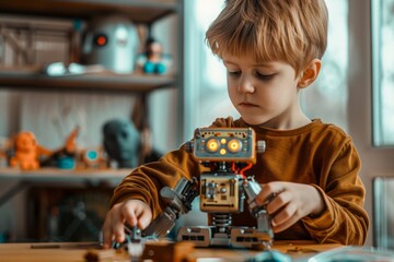 A little boy constructs a robot while sitting at a table in a his room. AI generative