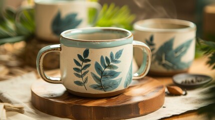 Fototapeta premium A set of ceramic mugs with a handpainted leaf impression motif perfect for sipping tea on a chilly day..