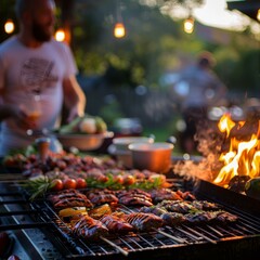 Naklejka premium b'Friends are having a barbecue in the backyard'