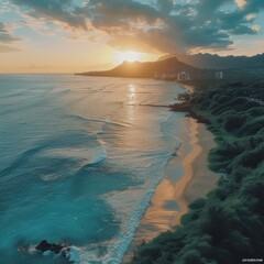 b'Hawaii Beach Sunset Overlooking Diamond Head'
