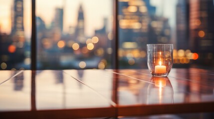 b'A candle burning in front of a window with a view of a city skyline at night' - obrazy, fototapety, plakaty