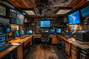 b'An impressive computer setup in a wooden cabin'