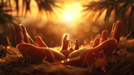 Nativity Of Jesus - Scene With The Holy Family With Comet At Sunrise Nativity hands with palm up over blurred cross Christmas concept --ar 16:9 Job ID: b88da12b-8473-455b-8757-358cf137f6ce - obrazy, fototapety, plakaty