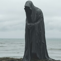b'A dark figure stands on the beach, looking out at the sea.' - obrazy, fototapety, plakaty
