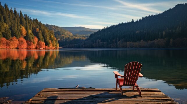 b'Wooden dock extending into a calm lake in the mountains with an Adirondack chair at the end of the dock'