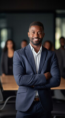 A professional headshot of a smiling African-American businessman in a suit standing with his arms crossed.