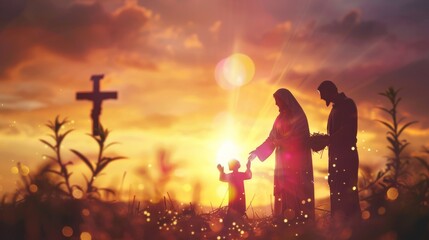 Nativity Of Jesus - Scene With The Holy Family With Comet At Sunrise Nativity hands with palm up over blurred cross Christmas concept  - obrazy, fototapety, plakaty