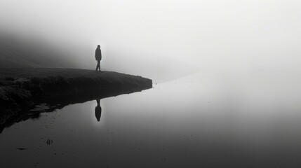 b'Lonely Man Silhouette in a Mysterious Foggy Lake Landscape'