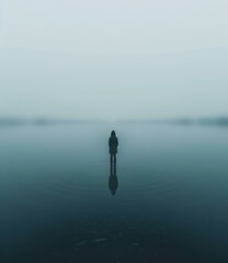 b'Person standing alone in the middle of a lake on a foggy day'