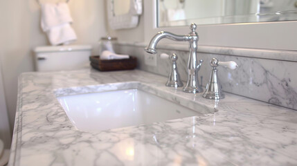 A white marble sink with a marble pattern on it