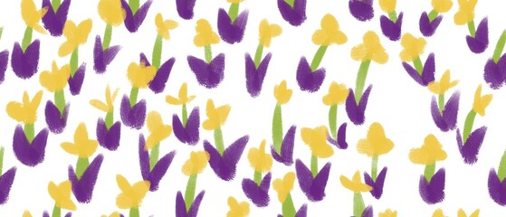 Seamless abstract botanical pattern. Yellow flowers on white background. Green, purple plants. Digital brush strokes. Design for textile fabrics, wrapping paper, background, wallpaper, cover.