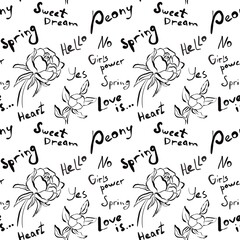 Seamless abstract botanical pattern. Black flowers on white background. Peony, lettering. Digital brush strokes. Design for textile fabrics, wrapping paper, background, wallpaper, cover.