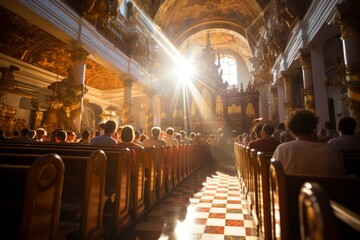 b'Sunlit church interior with rows of wooden benches and a large organ' - obrazy, fototapety, plakaty