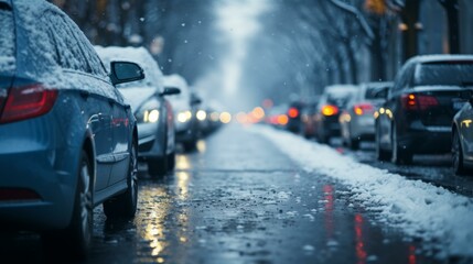 Fototapeta premium b'Snowy road with parked cars on both sides'