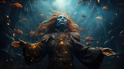 Obraz premium a photo fish folk humanoid fish priest of atlantis holds his hands up in the air as a meteor fly through the sky towards him, AI Generative