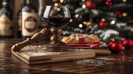 A wooden wine glass is on a wooden cutting board with a piece of bread